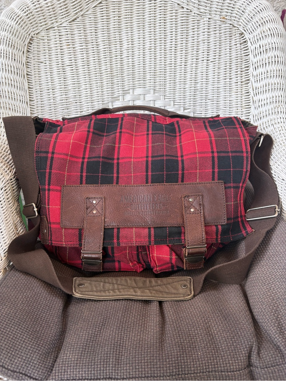 Y2K True Vintage AE Red Plaid Canvas Messenger Bag with Brown Leather Trim